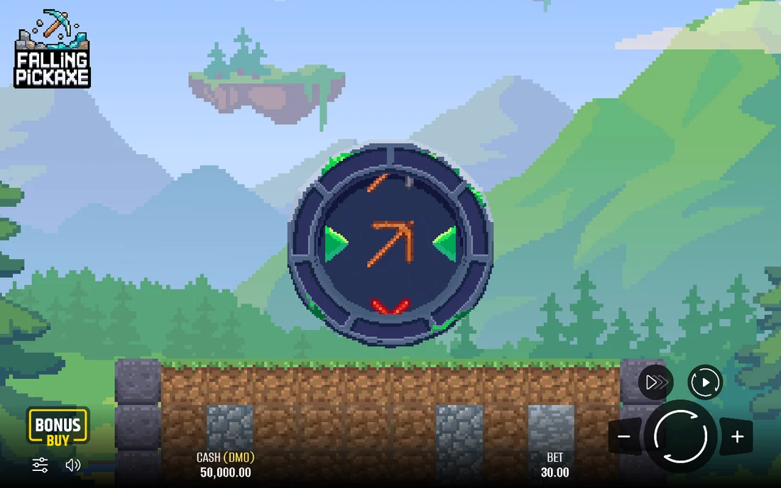 Главный экран Falling Pickaxe: круглый барабан с киркой над полосой земли